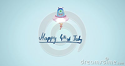 Composition of happy 4th of july text with smiling allien over blue background Stock Photo