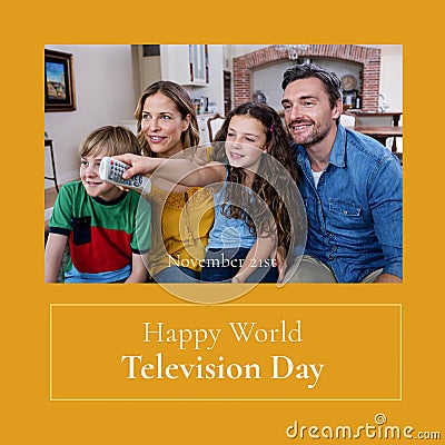 Composition of happy world television day text with caucasian family watching tv Stock Photo