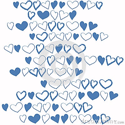 Composition of hearts in blue, imitation of an ink pen. Love code. Hearts with a blue outline and fill in a chaotic order form Vector Illustration