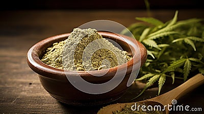 Composition with hemp protein powder and seeds on wooden table , closeup Stock Photo