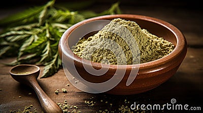 Composition with hemp protein powder and seeds on wooden table , closeup Stock Photo