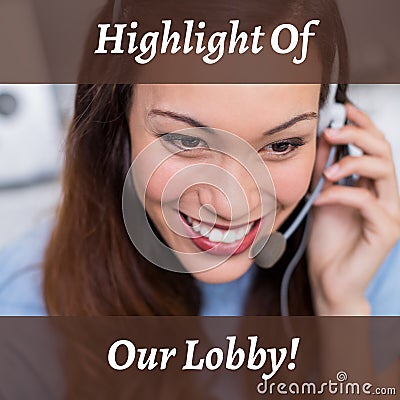 Composition of highlight of our lobby text over biracial businesswoman using phone headset Stock Photo