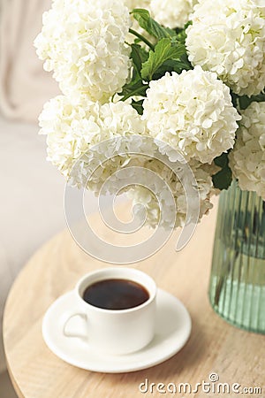 Composition hydrangea flowers indoor. Spring plant Stock Photo