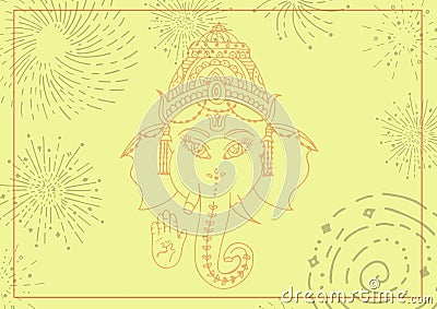 Composition of indian ganesh god design with decorative elements and line frame on yellow background Stock Photo