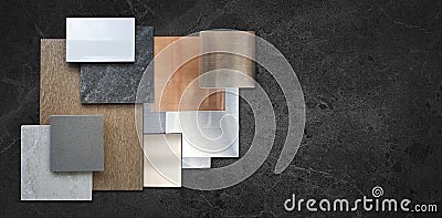 composition of interior material samples including wood veneer, ceramic tiles, multi color of aluminium metallics, travertine Stock Photo