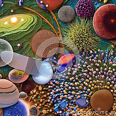 A composition of intricate details and microcosmic worlds, with magnified textures, microscopic organisms, and hidden elements w Stock Photo