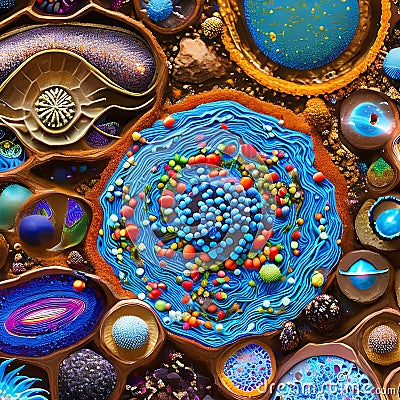 A composition of intricate details and microcosmic worlds, with magnified textures, microscopic organisms, and hidden elements w Stock Photo