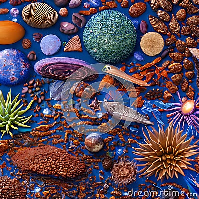 A composition of intricate details and microcosmic worlds, with magnified textures, microscopic organisms, and hidden elements w Stock Photo