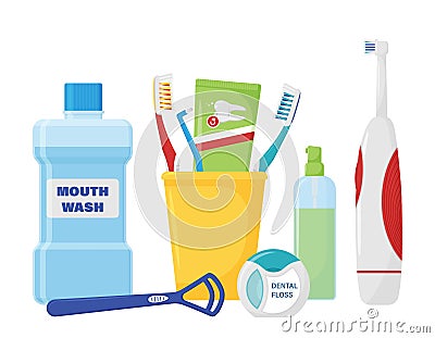 Composition of items for cleaning teeth and oral care. Toothbrushing. Dental accessories for oral hygiene. Healthy lifestyle. Cartoon Illustration