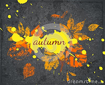 Vector grunge banner on autumn theme. Postcard with leaves and blots. Vector Illustration