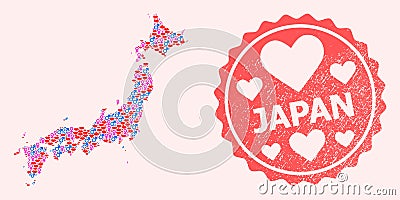 Composition of Love Smile Map of Japan and Grunge Heart Stamp Vector Illustration