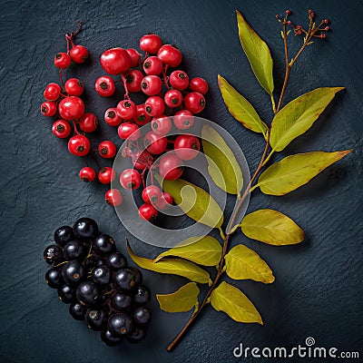 Composition made of evergreen tree branch, pinecone and red berries,Top view, Holiday decoration, AI generated Stock Photo