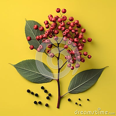 Composition made of evergreen tree branch, pinecone and red berries,Top view, Holiday decoration, AI generated Stock Photo