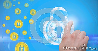 Composition of man touching online security icon on blue background Stock Photo