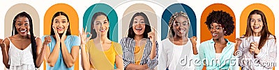 Composition of millennial international females with different emotions on colorful background Stock Photo