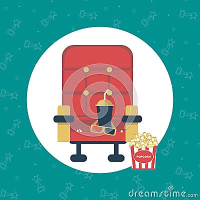 Composition movie elements: red armchair, popcorn Vector Illustration