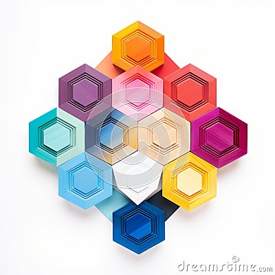 Vividly Bold Paper Hexagons On White Background - Modular Sculpture Inspired Stock Photo