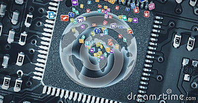 Composition of multiple digital icons over globe on computer processor in background Stock Photo