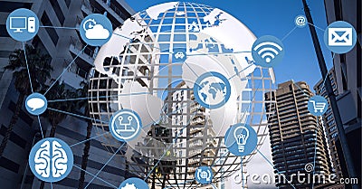 Composition of network of connections with digital icons over globe anc cityscape Stock Photo