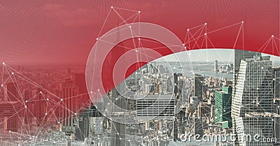 Composition of network of connections over cityscape with red curved banner background Stock Photo