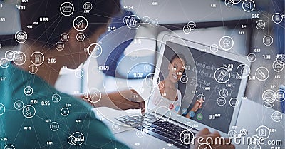 Composition of network of icons over female teacher on laptop online lesson Stock Photo