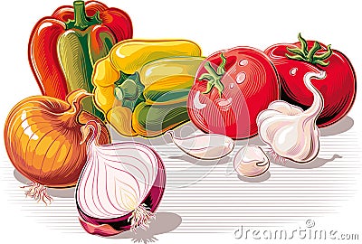 Composition with onion, garlic, tomatoes and peppers. Stock Photo