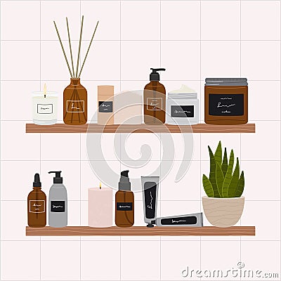 Composition with organic cosmetic products in bottles, jars for skin care, aloe plant on bathroom shelves. Cleanser, tonner, serum Vector Illustration