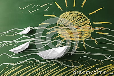 Composition with origami boats on color background Stock Photo