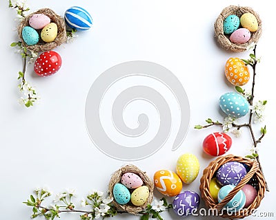 Composition with painted Easter eggs and blossoming branches on white background Stock Photo