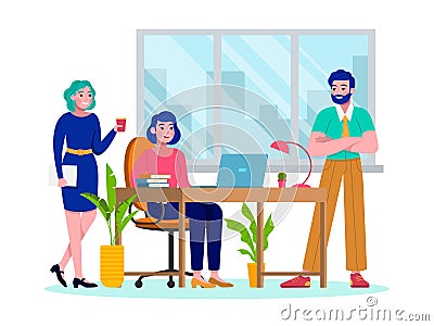 Composition people communicate in office, group colleagues, conversation at work, cartoon vector illustration, isolated Vector Illustration