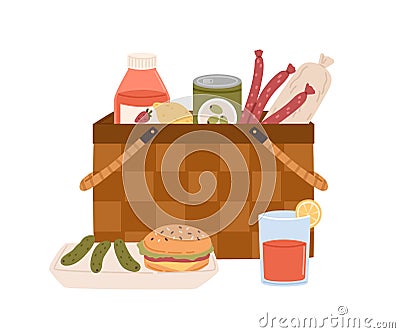 Composition of picnic basket with junk food and drink sausages, burger, pickles, bottle of juice or lemonade. Hamper Vector Illustration