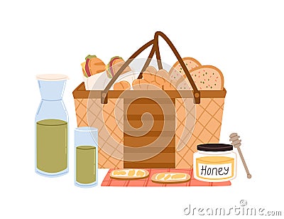 Composition of picnic basket with sandwiches and fruits, glass bottle of juice, sliced bread and jar of honey. Colorful Vector Illustration