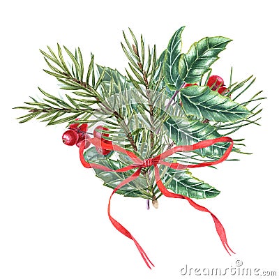 Composition of pine, spruce branches, Holly leaves with bright berries, lingonberry. Winter bouquet decorated red bow. Watercolor Cartoon Illustration