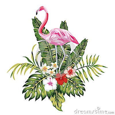 Composition of pink flamingo tropical leaves and flowers white b Vector Illustration