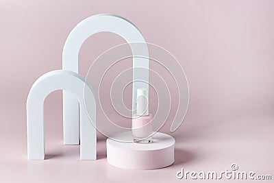 Composition from Pink nail polish bottle on the podium Pink Bright background Festive Cosmetic Concept Minimal Copy Space Stock Photo