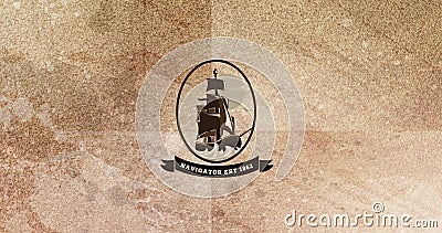Composition of plaque with ship and navigator est 1862 on brown distressed background Stock Photo