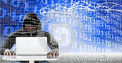 Composition of processor over binary coding and hacker with laptop Stock Photo