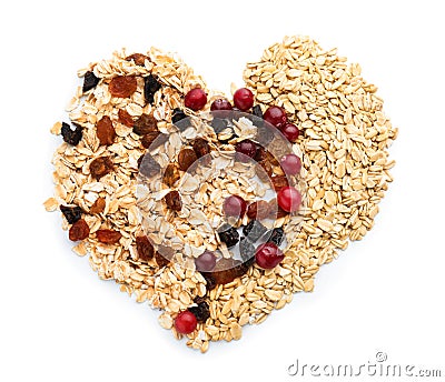 Composition with raw oatmeal, raisins and cranberries on white background Stock Photo