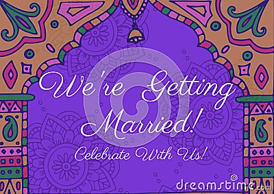 Composition of we're getting married text and copy space on purple asian pattern Stock Photo