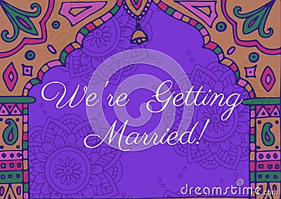 Composition of we're getting married text and copy space on purple asian pattern Stock Photo