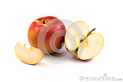 Composition red apple cutaway picture of fruit for menu on white isolated background Stock Photo