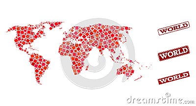 Mosaic Map of World and Scratched School Seal Collage Vector Illustration