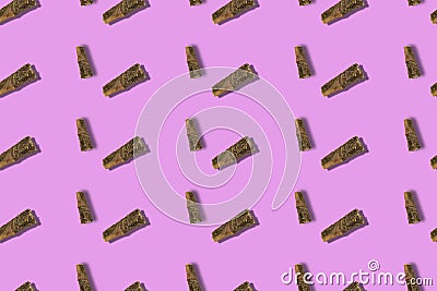 Composition with Repeat Pet Treats on a pastel purple background Stock Photo