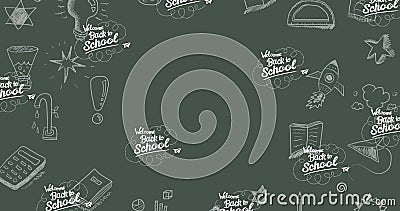 Composition of repeated welcome back to school white text and chalk drawings on chalkboard Stock Photo
