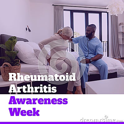 Composition of rheumatoid arthritis awareness week text over senior caucasian woman holding back Stock Photo