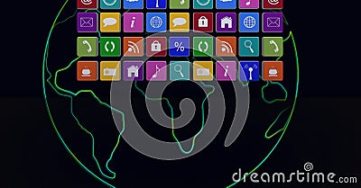 Composition of rows of multi coloured digital icons over green globe outline on black Stock Photo