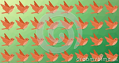 Composition of rows of orange birds on green background Stock Photo