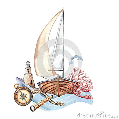 Composition of sailboat vintage style watercolor illustration isolated on white. Cartoon Illustration