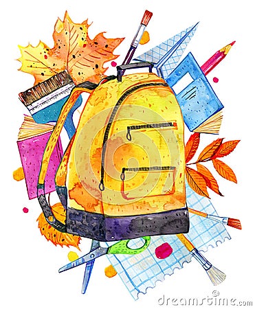 Composition with school items. Backpack, autumn leaves, brushes and stationery. Hand drawn watercolor illustration Cartoon Illustration