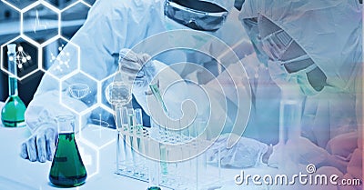 Composition of scientists in ppe suits with test tubes working in laboratory and chemical compounds Stock Photo